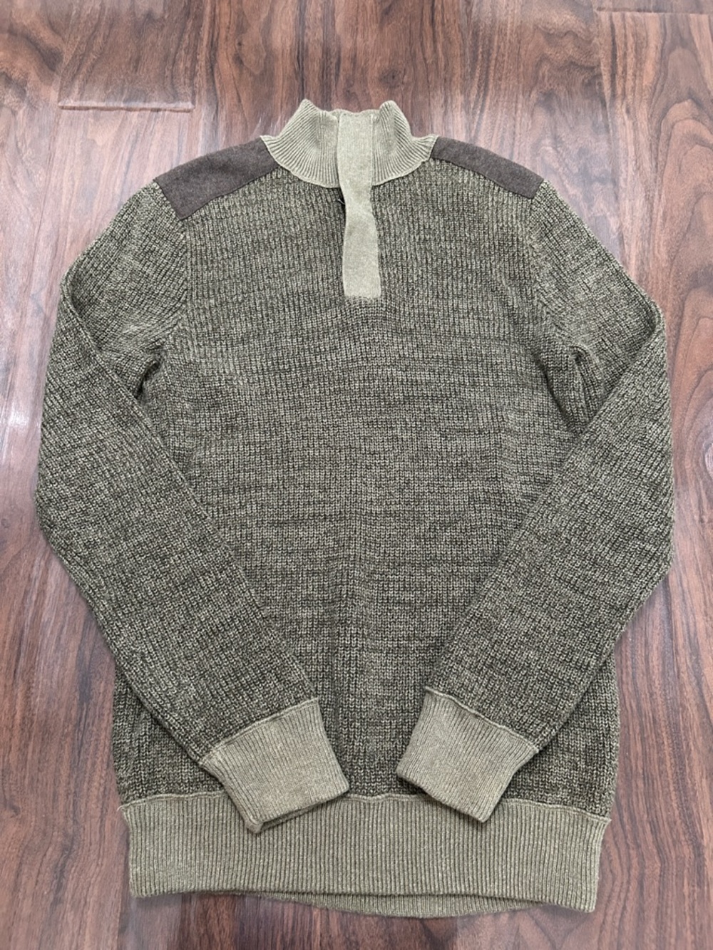 Banana Republic Cable Knit Olive Quarter-Zip Sweater with Contrast Shoulders